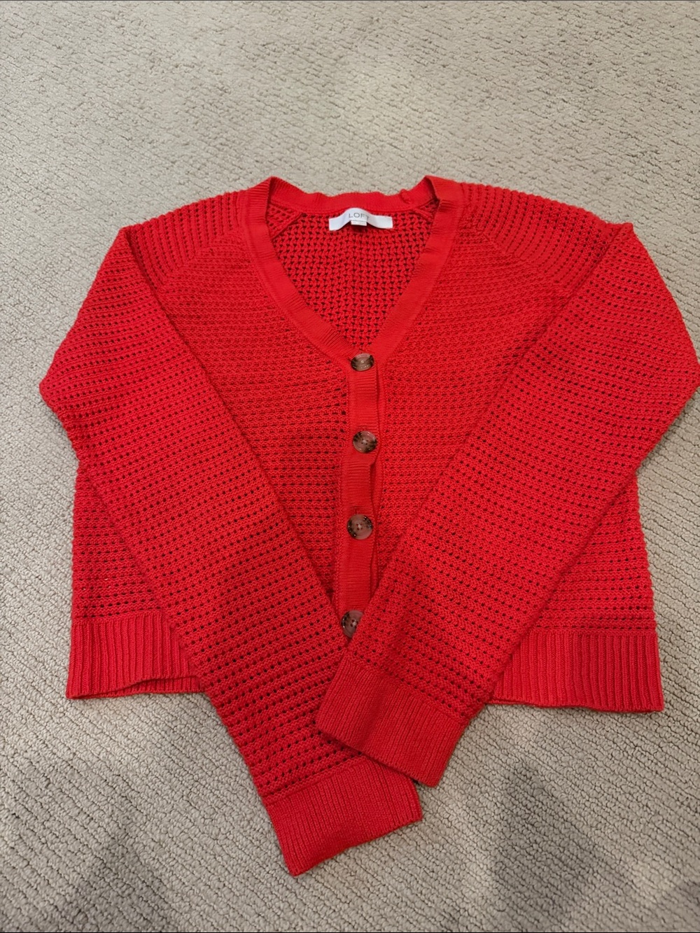 LOFT Red Textured Button-Front Cardigan